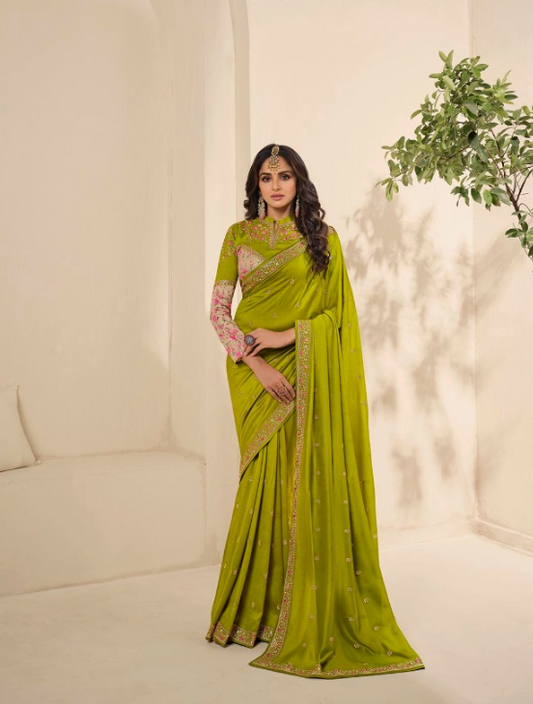 Vinay Green Silk Embroidery Designer Saree