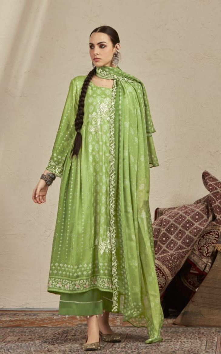 Pure Cotton Maslin Salwar Suit With Digital Print And  Parsi Embroidery