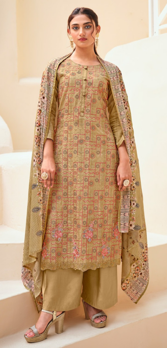 Cotton Lawn Digital Print With Heavy Embroidery Work Salwar Set- Brown