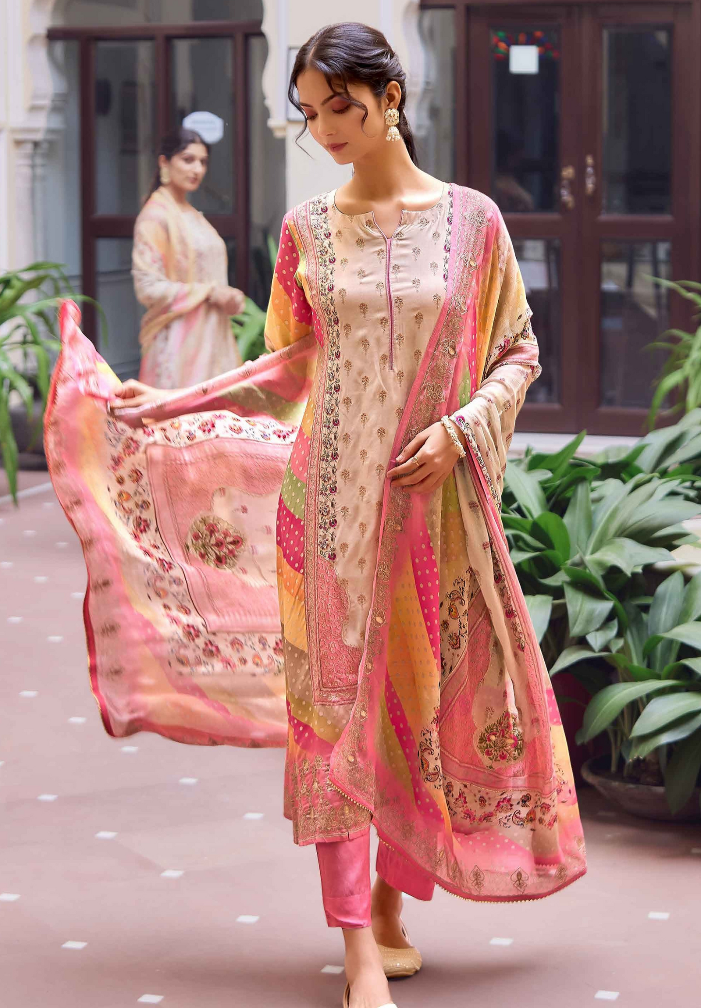 Muslin Fancy Handwork With Digital Print Salwar Set- Pink