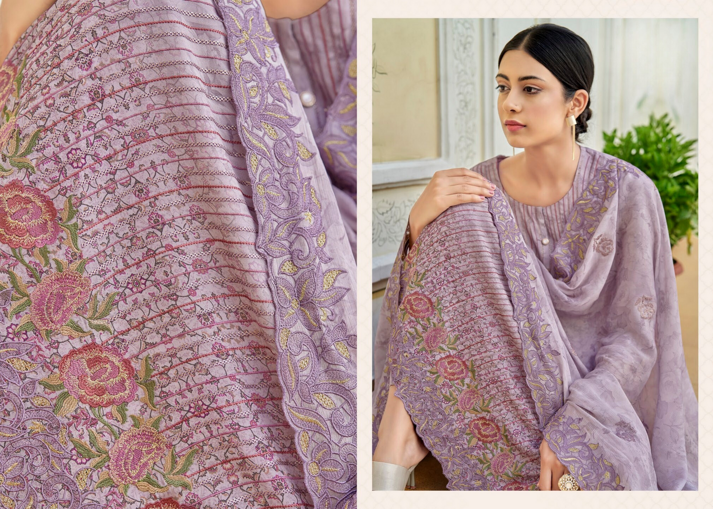 Chirmin Crape Digital Print With Fancy Embroidery Work Salwar Set- Violet
