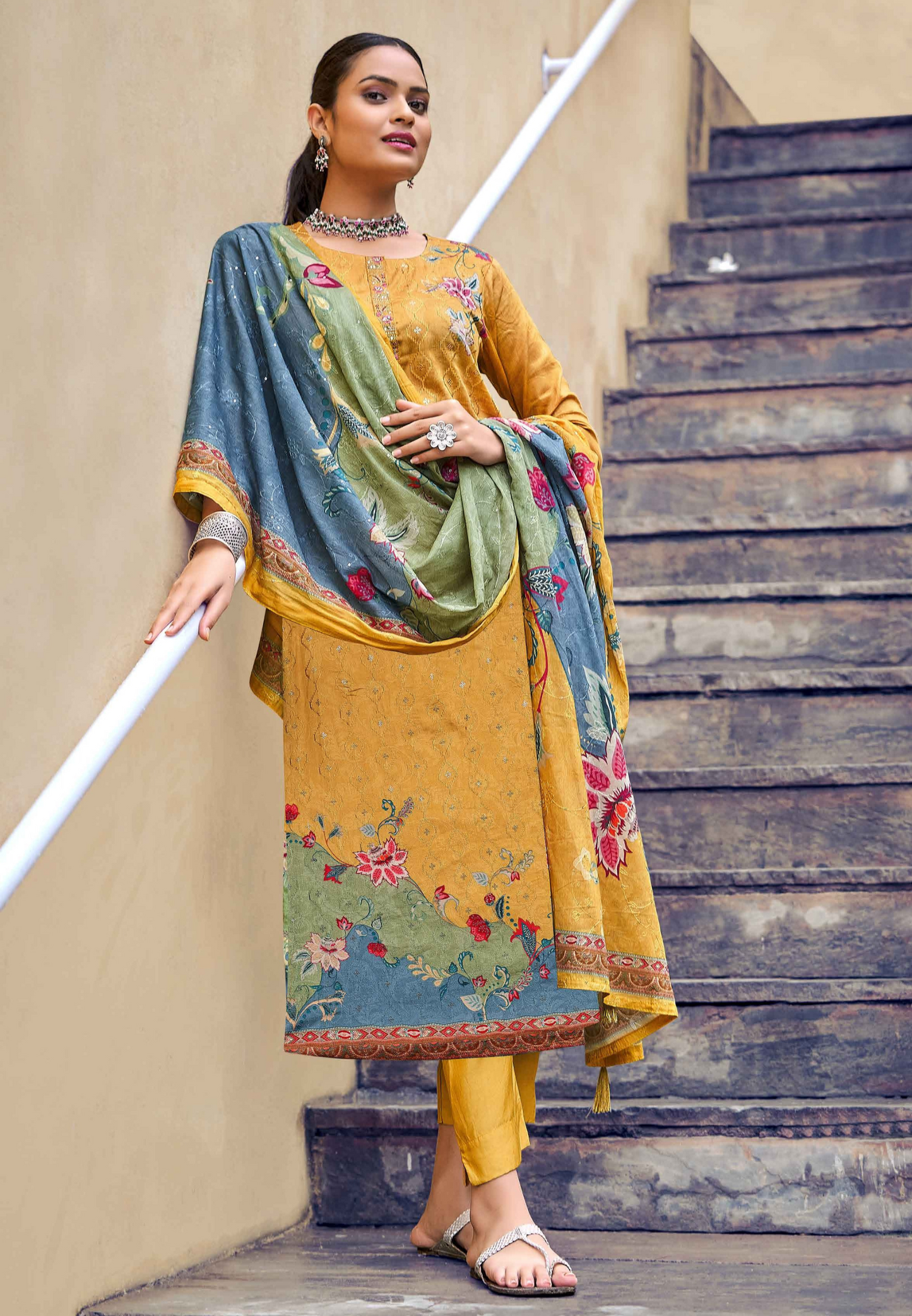 Superior Cotton Embroidery Work With Digital Print Salwar Set-Yellow