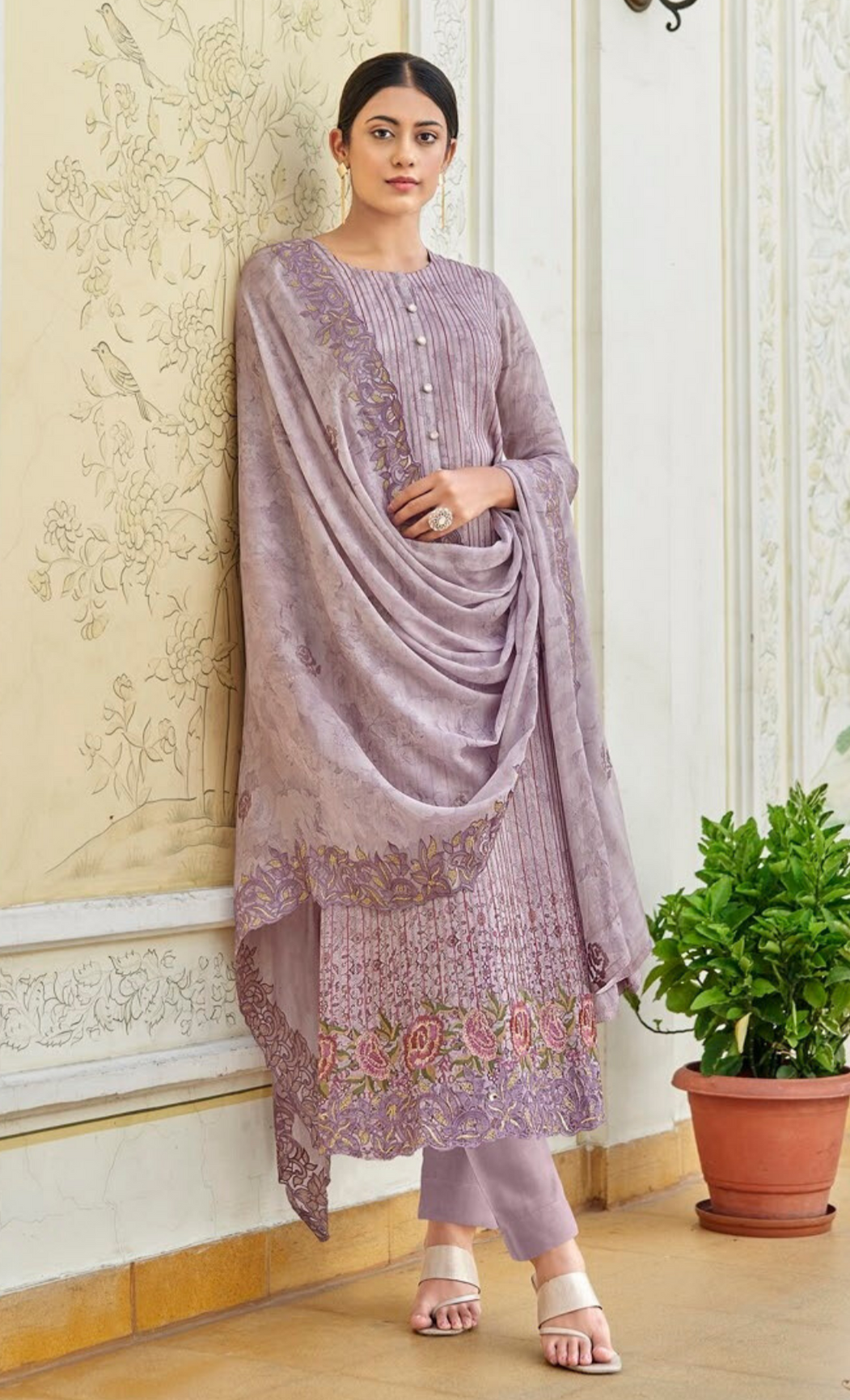 Chirmin Crape Digital Print With Fancy Embroidery Work Salwar Set- Violet